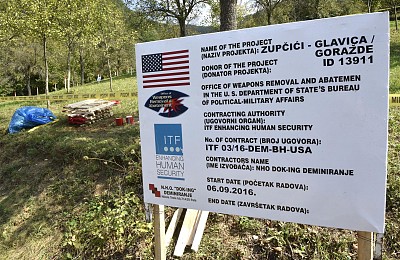 Demining worksite in Goražde, activities supported by the US through ITF